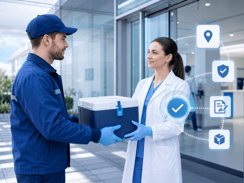 Proof of delivery handover between courier and healthcare receiver with confirmation icons.