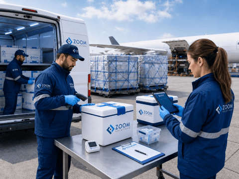 Zoom Solutions crew scanning insulated pharma shipments beside an aircraft with tablets and temperature monitors on the airport apron.