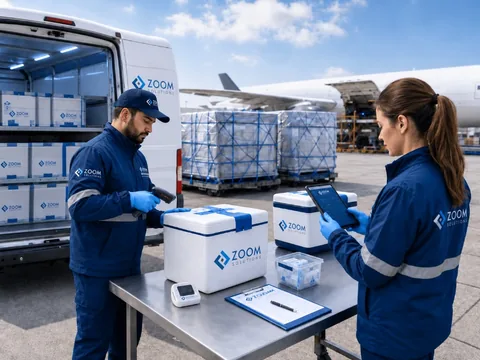 Zoom Solutions crew scanning insulated pharma shipments beside an aircraft with tablets and temperature monitors on the airport apron.