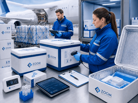 Specialists scanning ultra-low temperature insulated containers beside monitoring tablets and a digital temperature display at airport cargo.