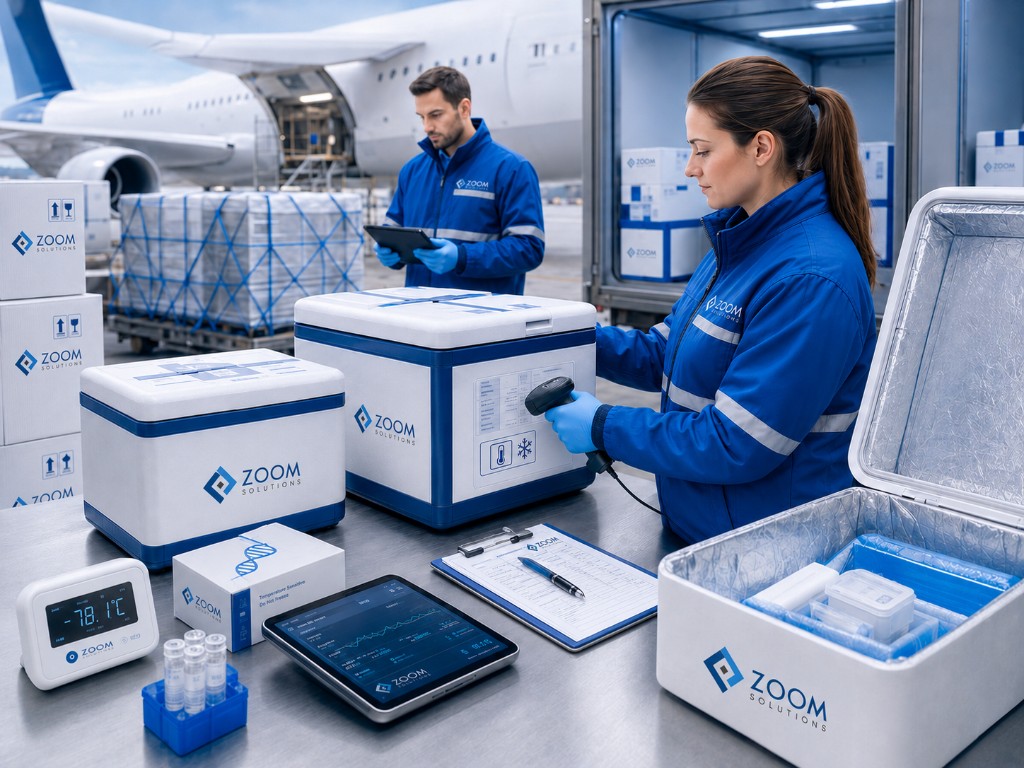 Specialists scanning ultra-low temperature insulated containers beside monitoring tablets and a digital temperature display at airport cargo.