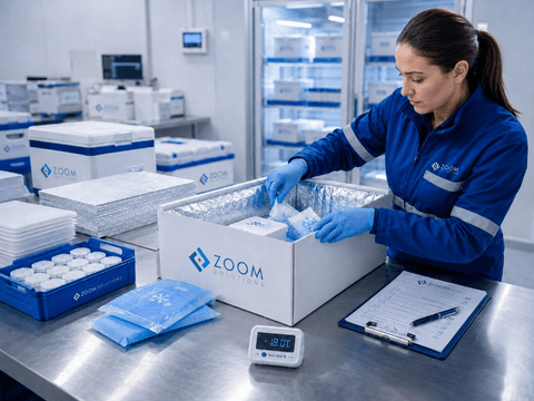 Technician packing frozen healthcare shipments into an insulated box with gel packs and live temperature readout on a stainless bench.