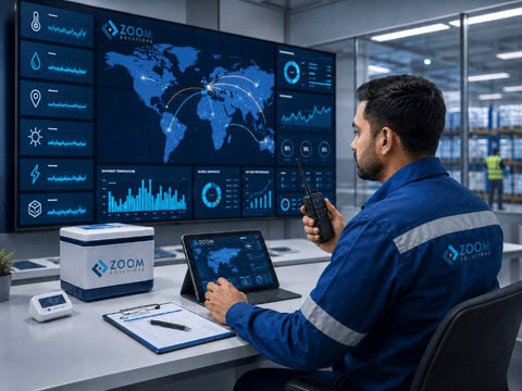 Operations specialist in front of a live shipment wall dashboard with maps, sensor feeds and KPI charts plus monitoring tablet on the desk.