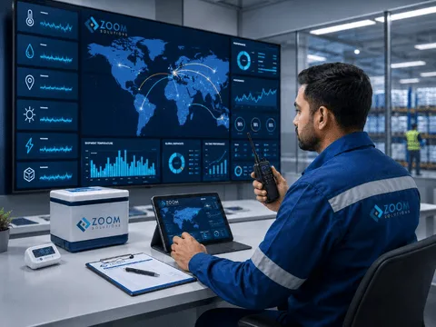 Operations specialist in front of a live shipment wall dashboard with maps, sensor feeds and KPI charts plus monitoring tablet on the desk.
