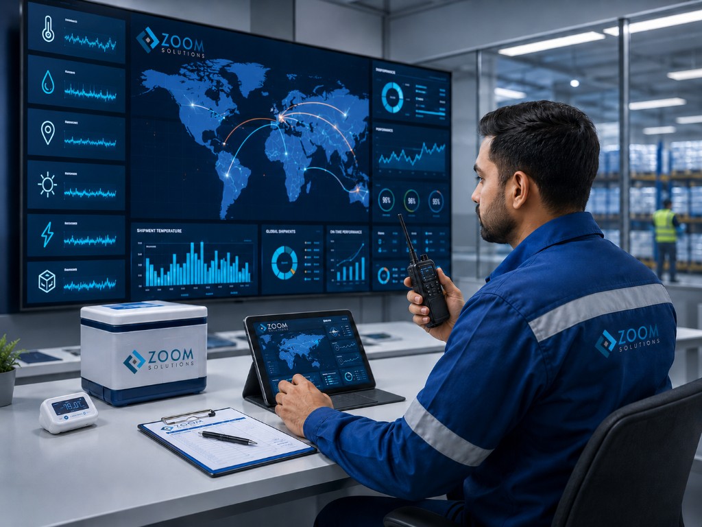 Operations specialist in front of a live shipment wall dashboard with maps, sensor feeds and KPI charts plus monitoring tablet on the desk.