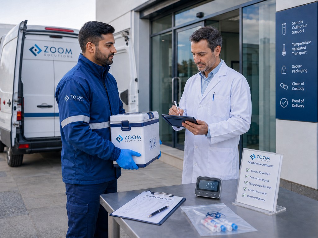Courier handing an insulated medical box to a clinician during proof of delivery with refrigerated temperature display and chain-of-custody paperwork.