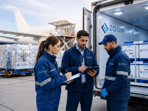 Zoom Solutions operations team reviewing route plans beside a cargo aircraft and refrigerated truck on the ramp.