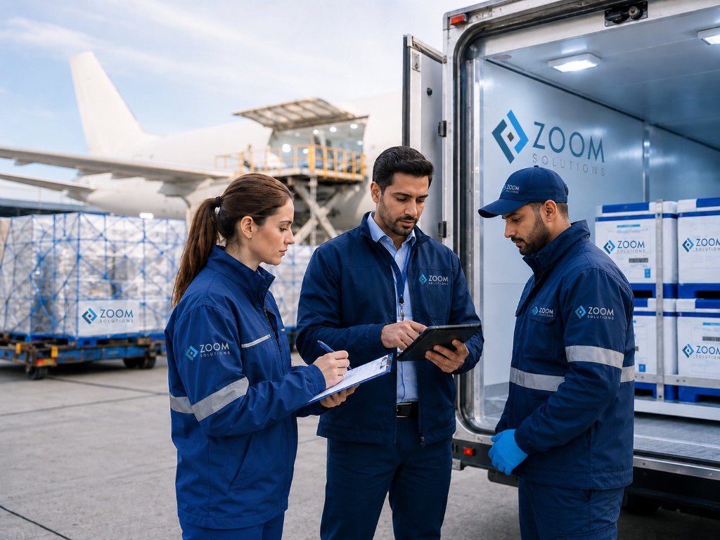 Zoom Solutions operations team reviewing route plans beside a cargo aircraft and refrigerated truck on the ramp.