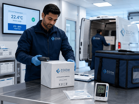 Warehouse quality check: operator scanning a CRT-labeled shipment with ambient temperature monitoring on display.
