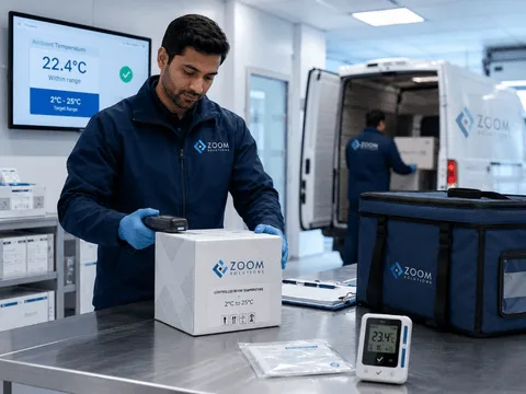 Warehouse quality check: operator scanning a CRT-labeled shipment with ambient temperature monitoring on display.