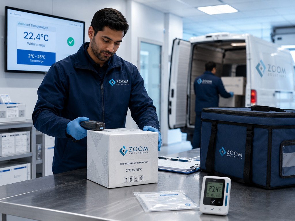 Warehouse quality check: operator scanning a CRT-labeled shipment with ambient temperature monitoring on display.