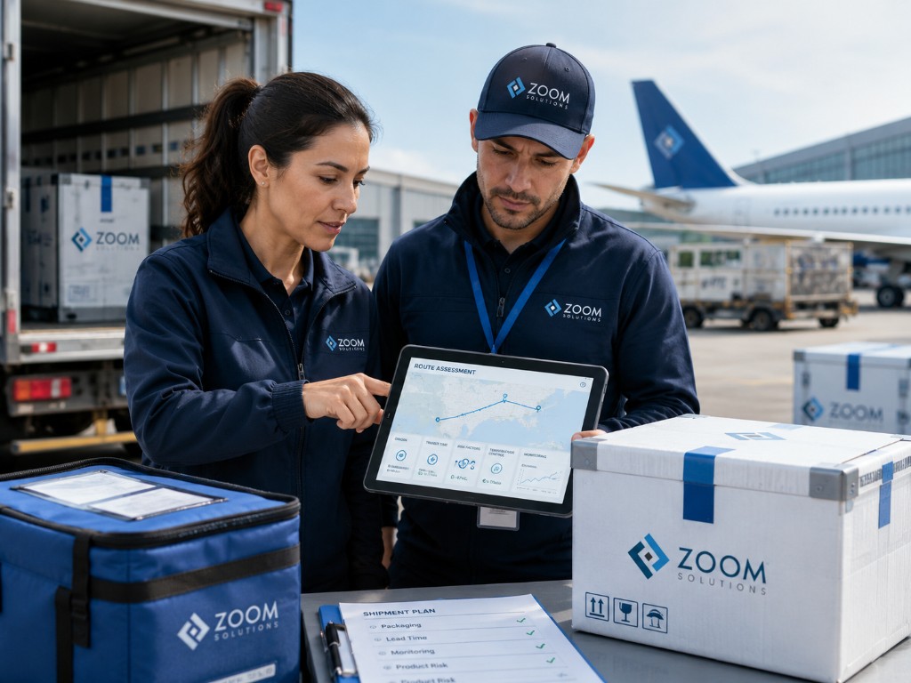 Operations team reviewing a route assessment on a tablet beside airport cargo, with shipment planning materials.