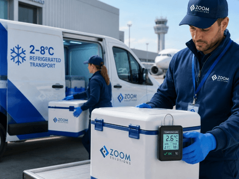 Refrigerated transport van, insulated cold box and digital temperature monitor confirming a 2–8°C range.
