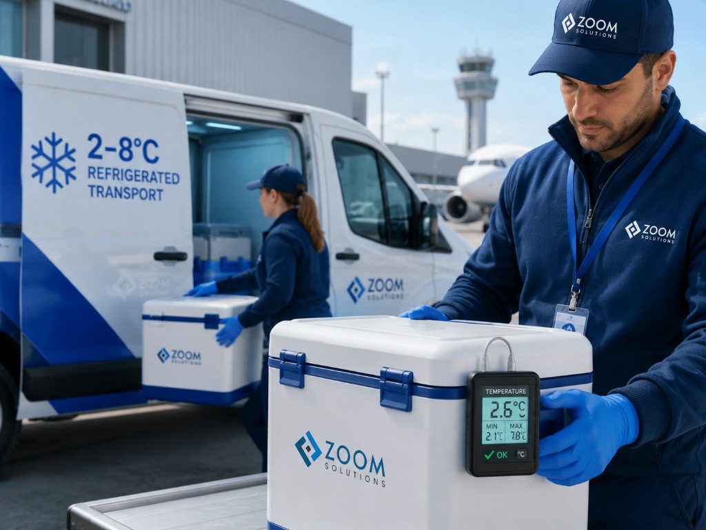 Refrigerated transport van, insulated cold box and digital temperature monitor confirming a 2–8°C range.